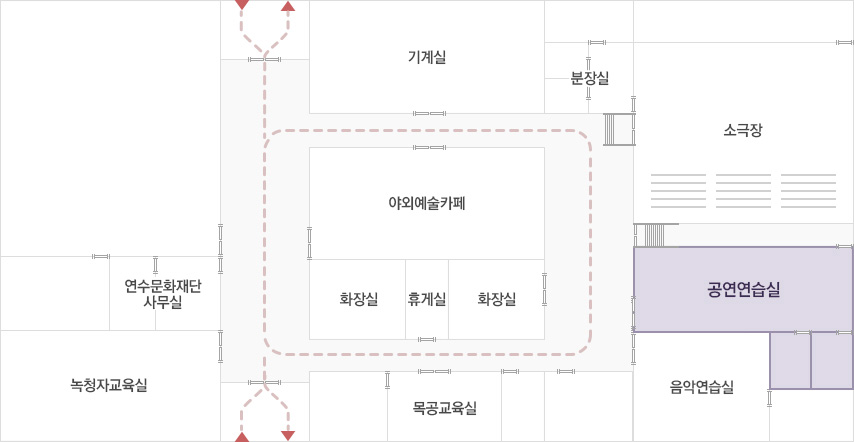 문화의 집 평면도 / 문화의 집 평면도 / 연수문화재단사무실, 녹청자교육실, 기계실, 야외예술카페, 화장실, 휴게실, 화장실, 목공교육실, 분장실, 소극장, 공연연습실, 음악연습실