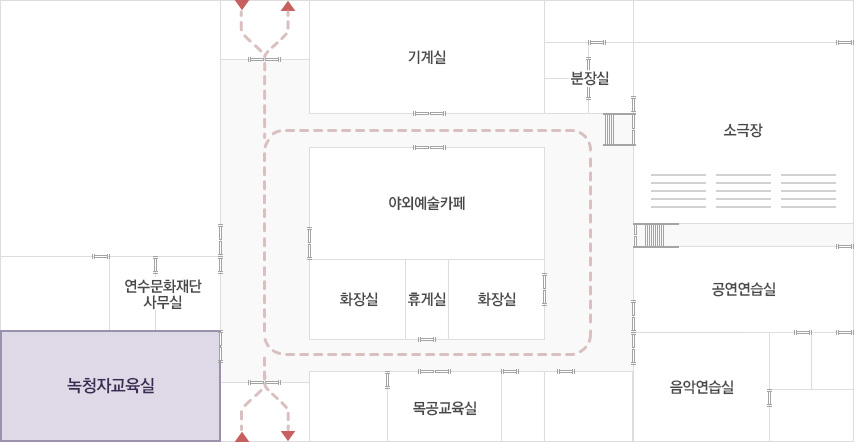 문화의 집 평면도 / 문화의 집 평면도 / 연수문화재단사무실, 녹청자교육실, 기계실, 야외예술카페, 화장실, 휴게실, 화장실, 목공교육실, 분장실, 소극장, 공연연습실, 음악연습실