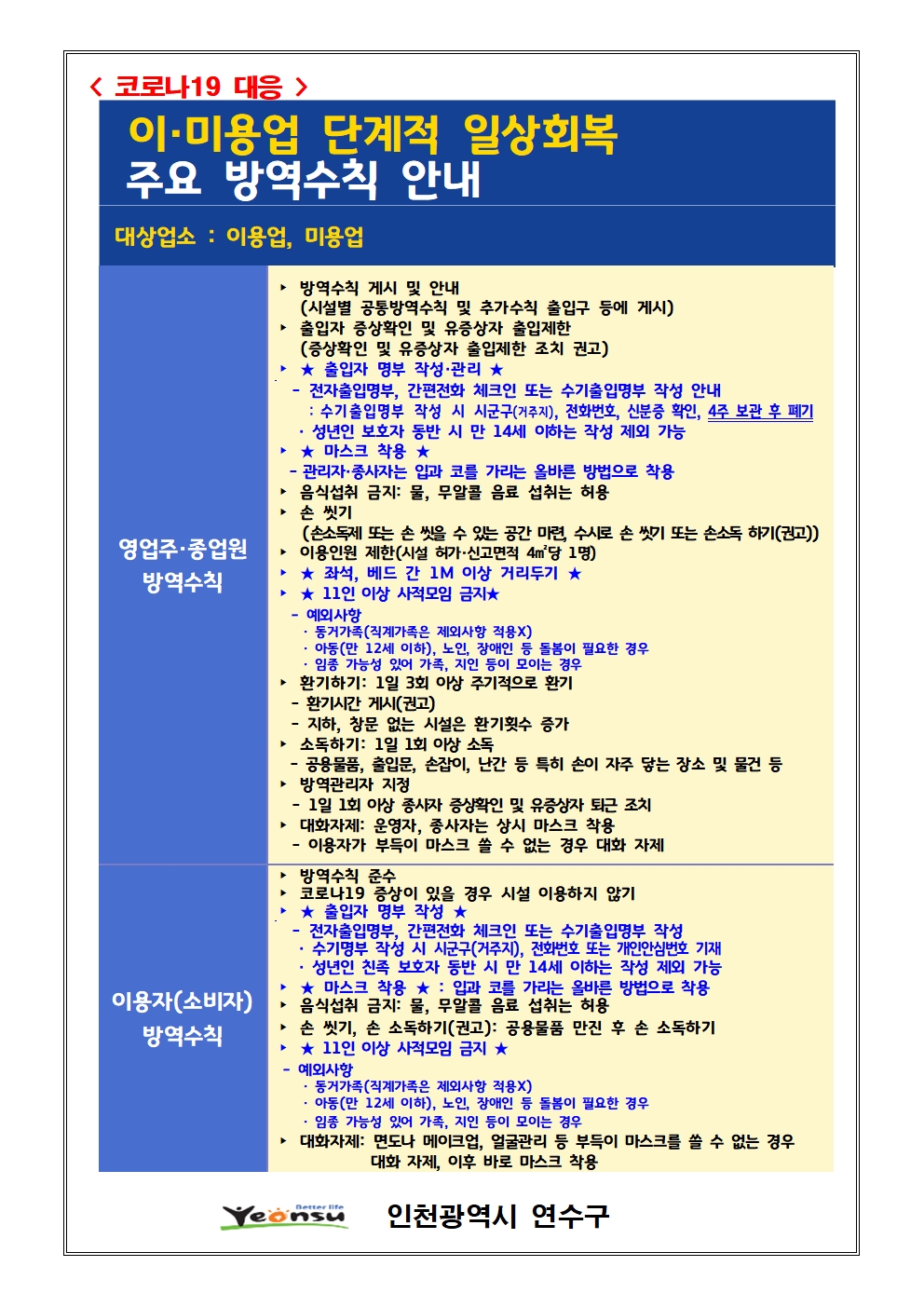 이미용업 대상 단계적 일상회복 주요 방역수칙 안내(11.1.~별도안내시까지)의 2번째 이미지