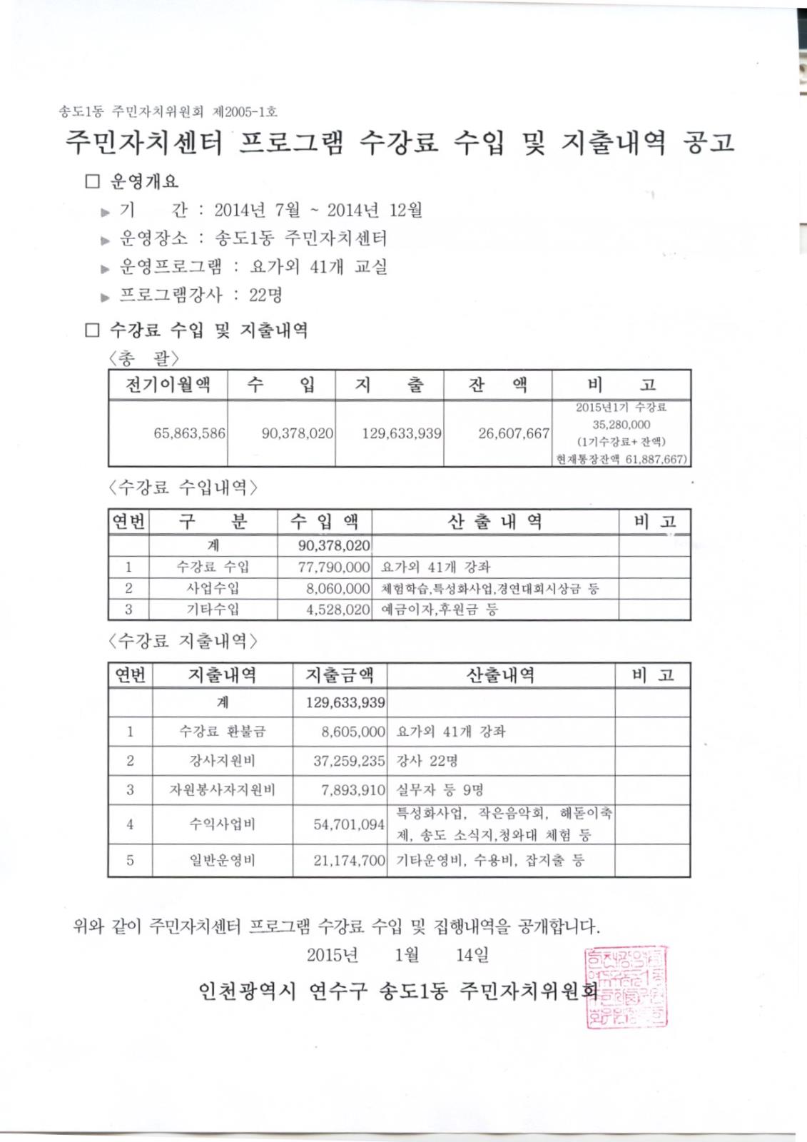 2014년 하반기 주민자치센터 프로그램 수강료 수입 및 지출 내역 공고의 번째 이미지