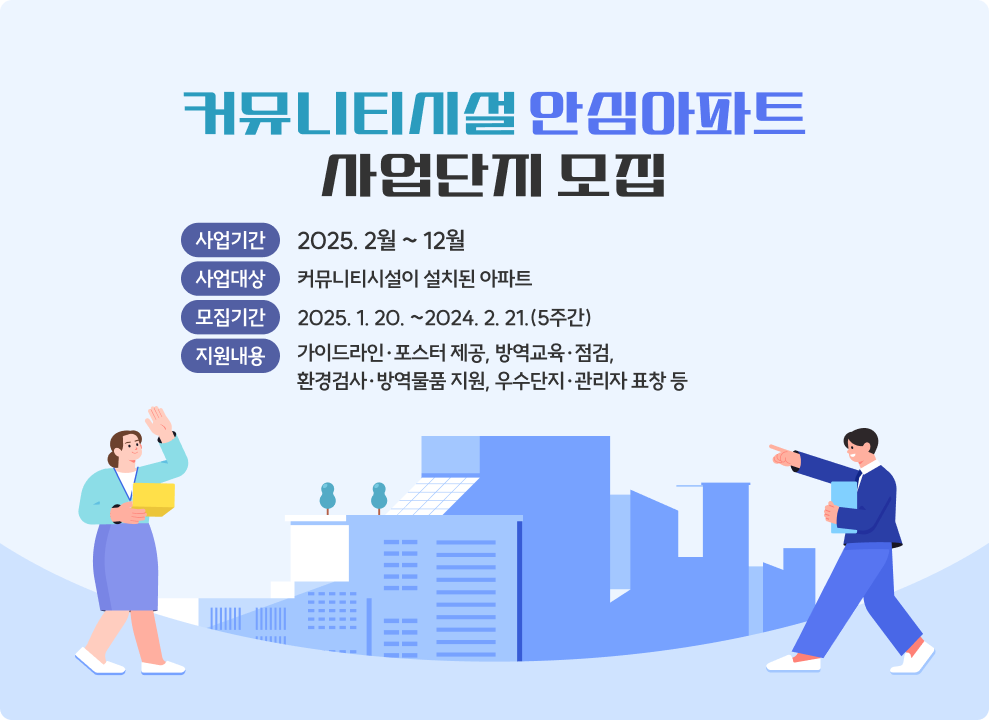 「커뮤니티시설 안심아파트」 사업단지 모집 ○ 사업기간 : 2025. 2월 ~ 12월 ○ 사업대상 : 커뮤니티시설이 설치된 아파트 ○ 모집기간 : 2025. 1. 20. ~2024. 2. 21.(5주간) ○ 지원내용 - 가이드라인·포스터 제공, 방역교육·점검, 환경검사·방역물품 지원, 우수단지·관리자 표창 등